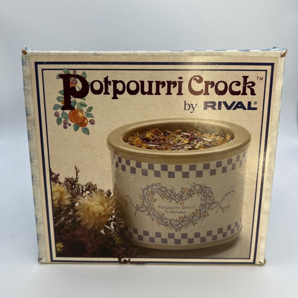 Vintage 1988 Rival‎ Potpourri Crock Pot Blue Heart Country Cottage Orig. Receipt